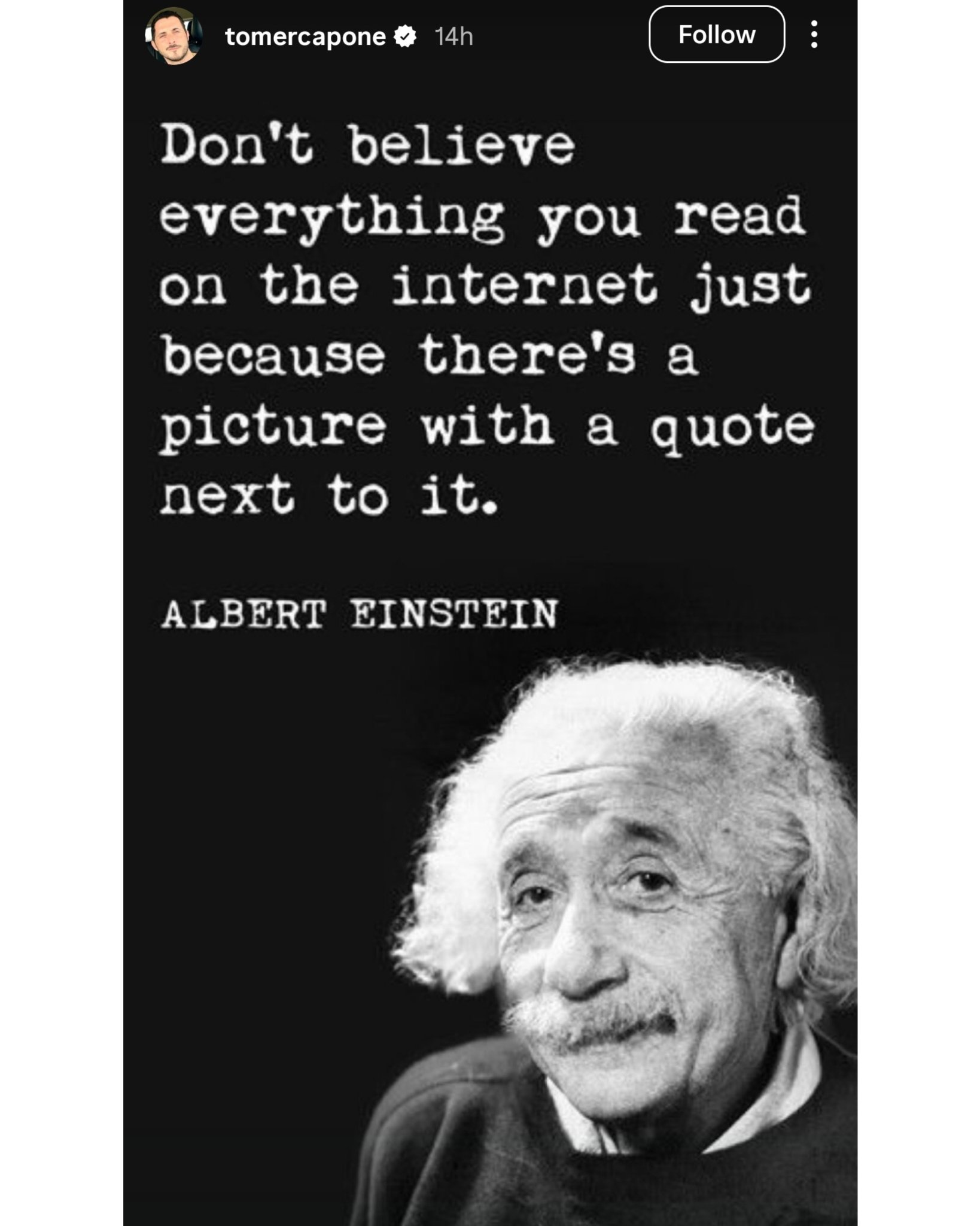 Screenshot of an instagram story. Black background with white text reading 