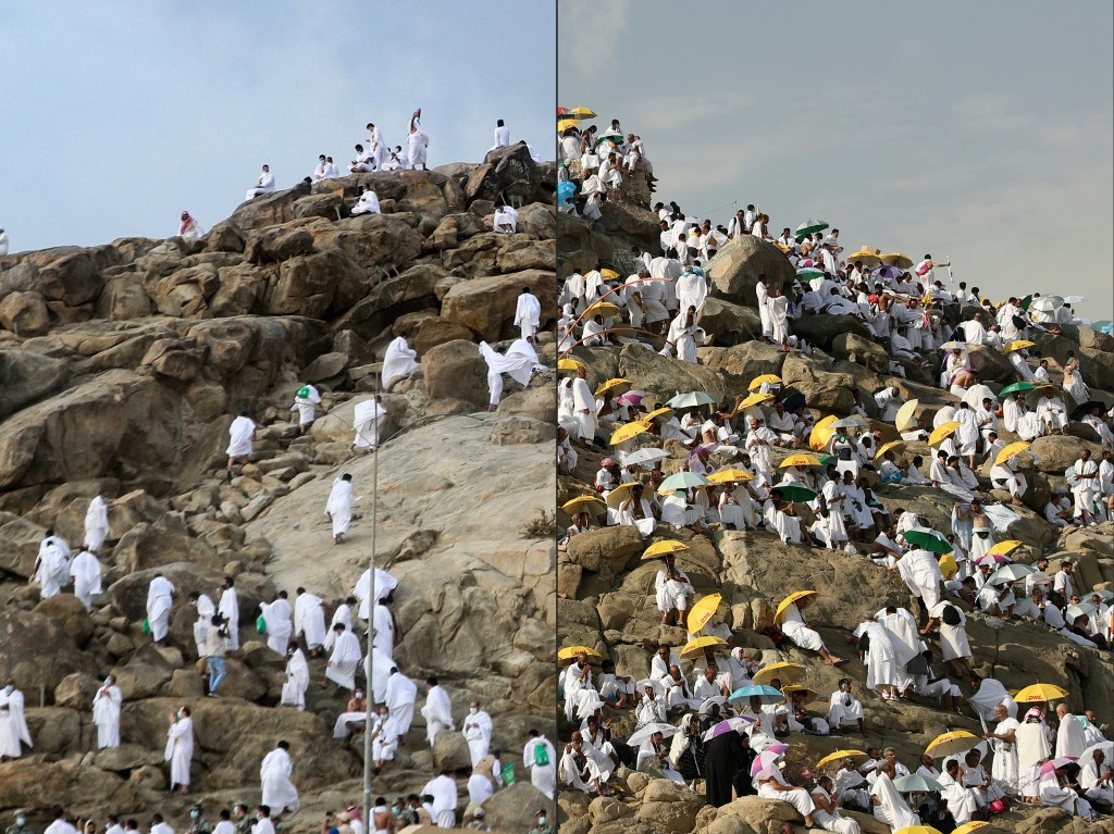 Montage montrant à gauche un nombre limité de pèlerins priant sur le mont Arafat pendant le hadj, marqué cette année par l’épidémie de COVID-19 (30 juillet 2020), et à droite la multitude habituelle de pèlerins rassemblés sur le mont (20 août 2018) (AFP)