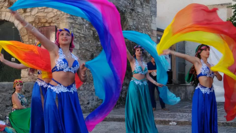 Students in one of Russo's Hathor Dance school classes held open-air in front of Alcamo's Arab Fountain (Courtesy of Helen Russo)