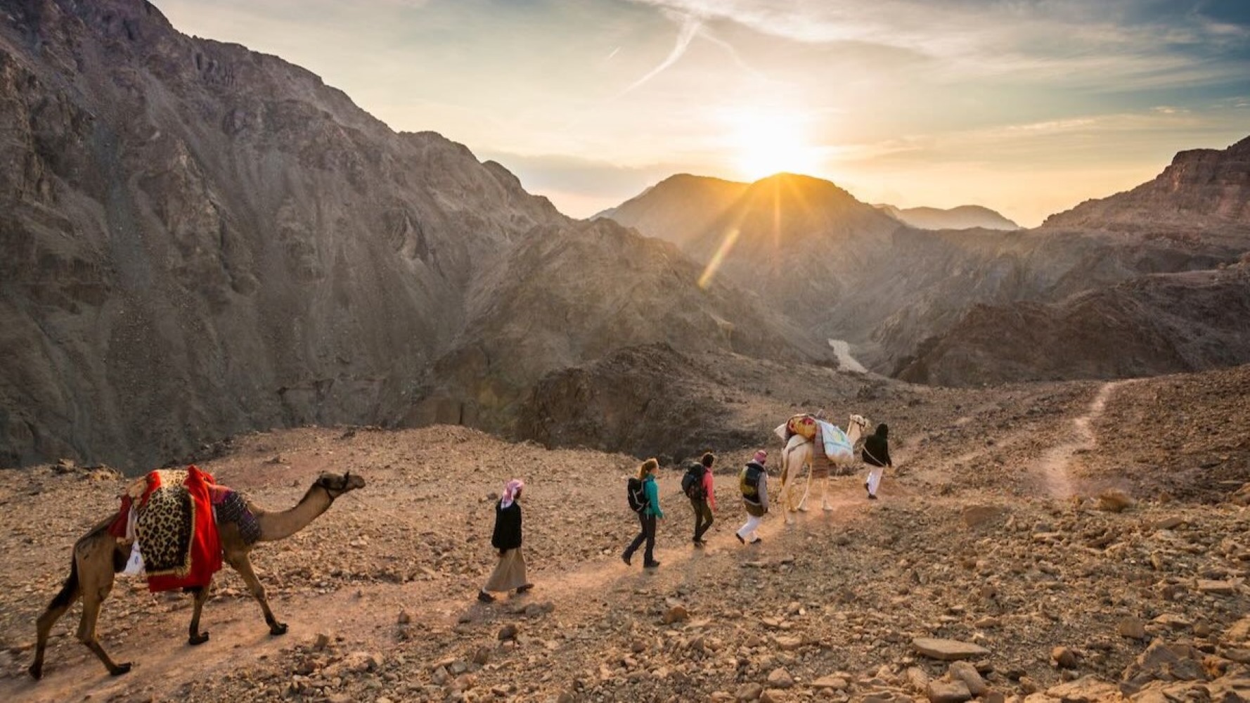 Hikers on the Sinai Trail at sunrise