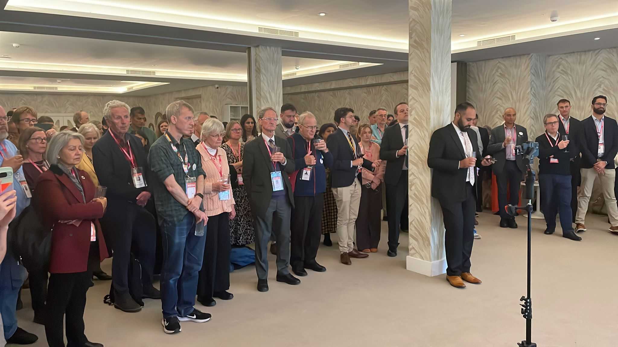 A crowd listens to speeches during a reception jointly hosted by the Liberal Democrat Friends of Palestine and the International Centre of Justice for Palestinians. (Supplied)