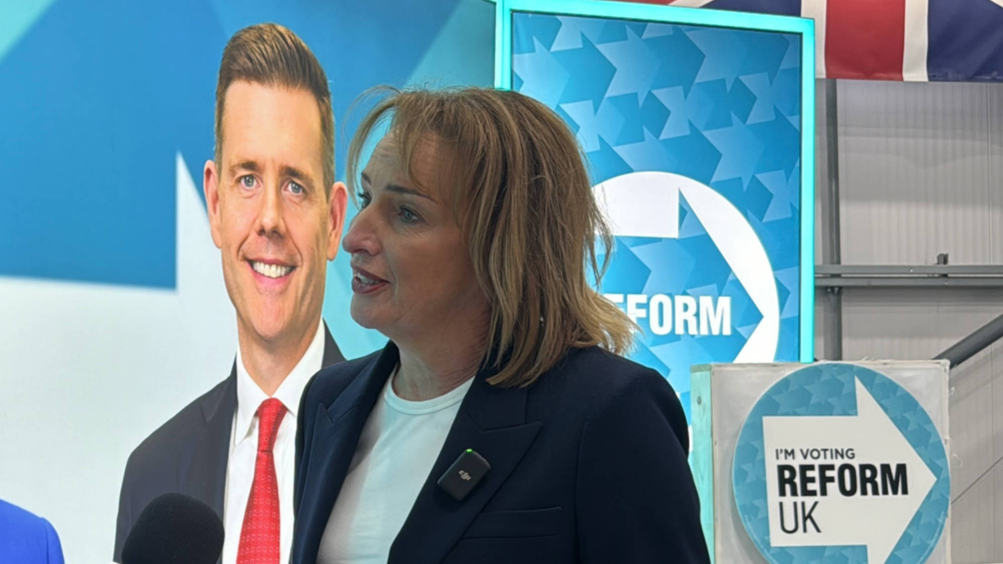 Sarah Pochin speaks to MEE in Reform's campaign headquarters in Denton. (Yaman Mohammed/ MEE)