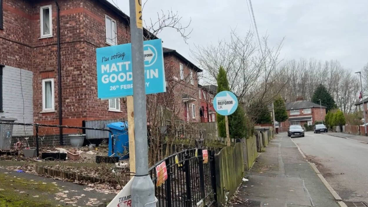 Reform posters displayed in an area of Gorton on 18 February. (Yaman Mohammed/MEE)