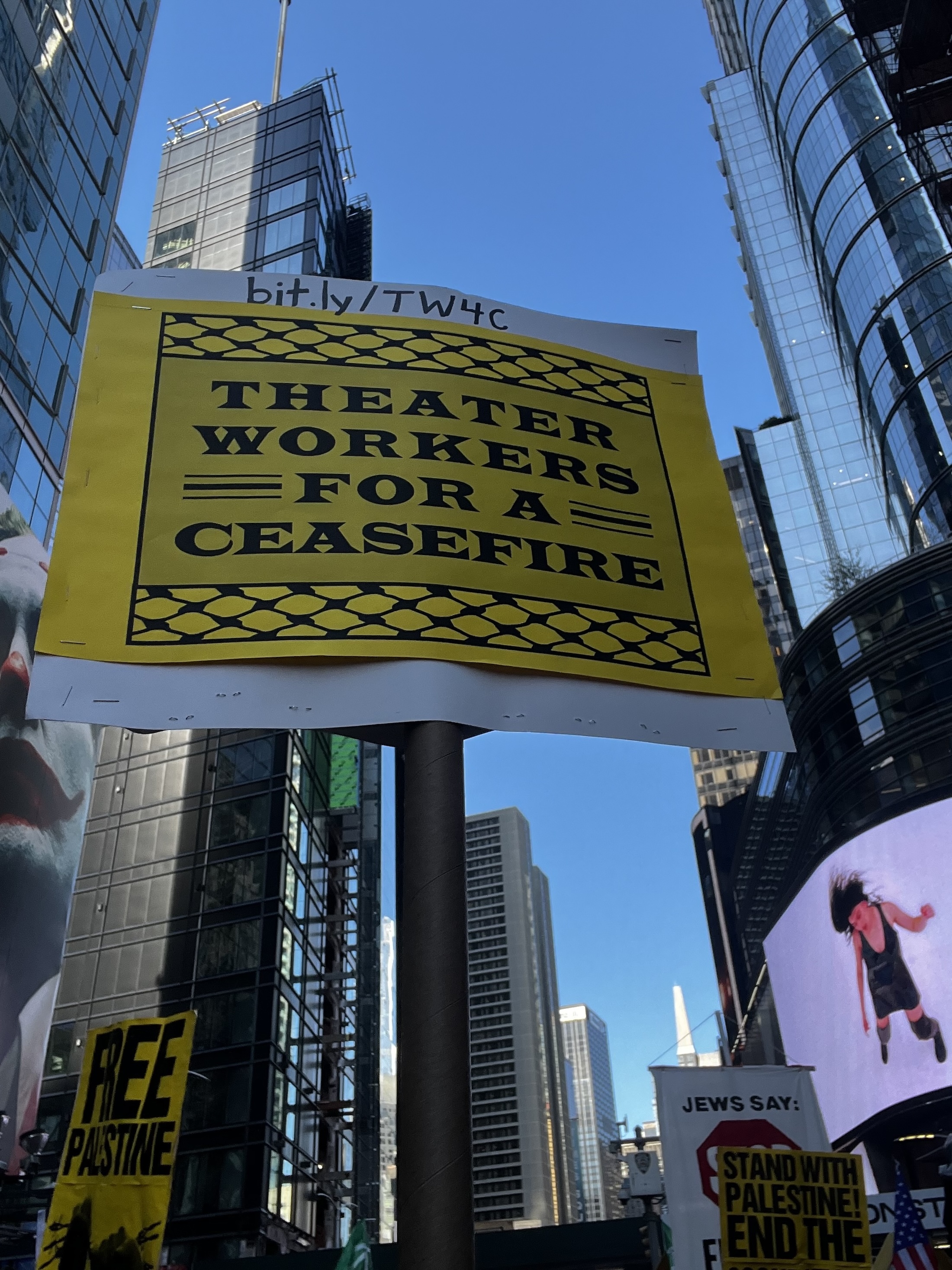 Theater Workers for a Ceasefire march in October 2024 to protest one year of Israel's war on Gaza. 