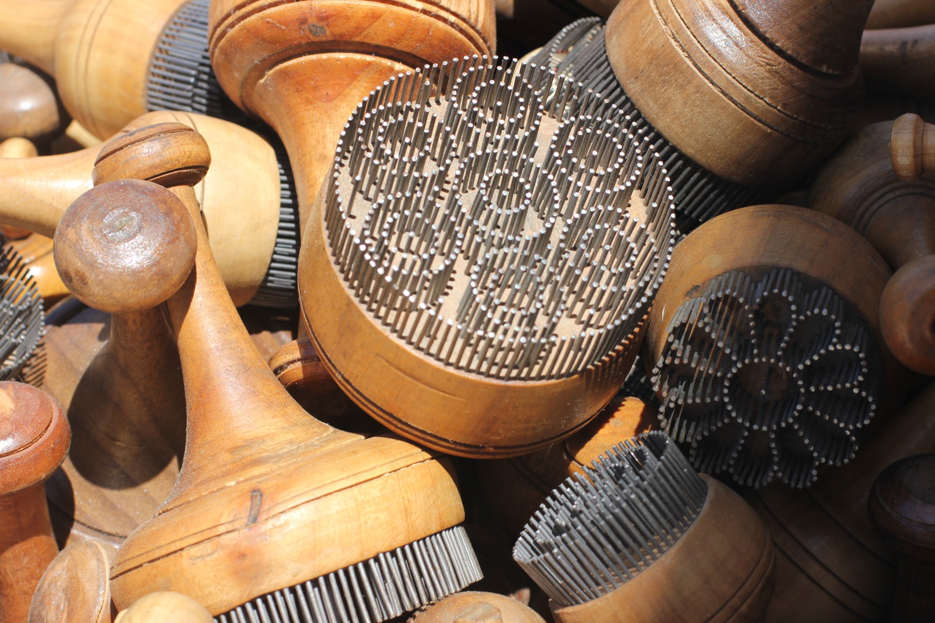 A cart of wooden stamps in Bukhara, Uzbekistan.