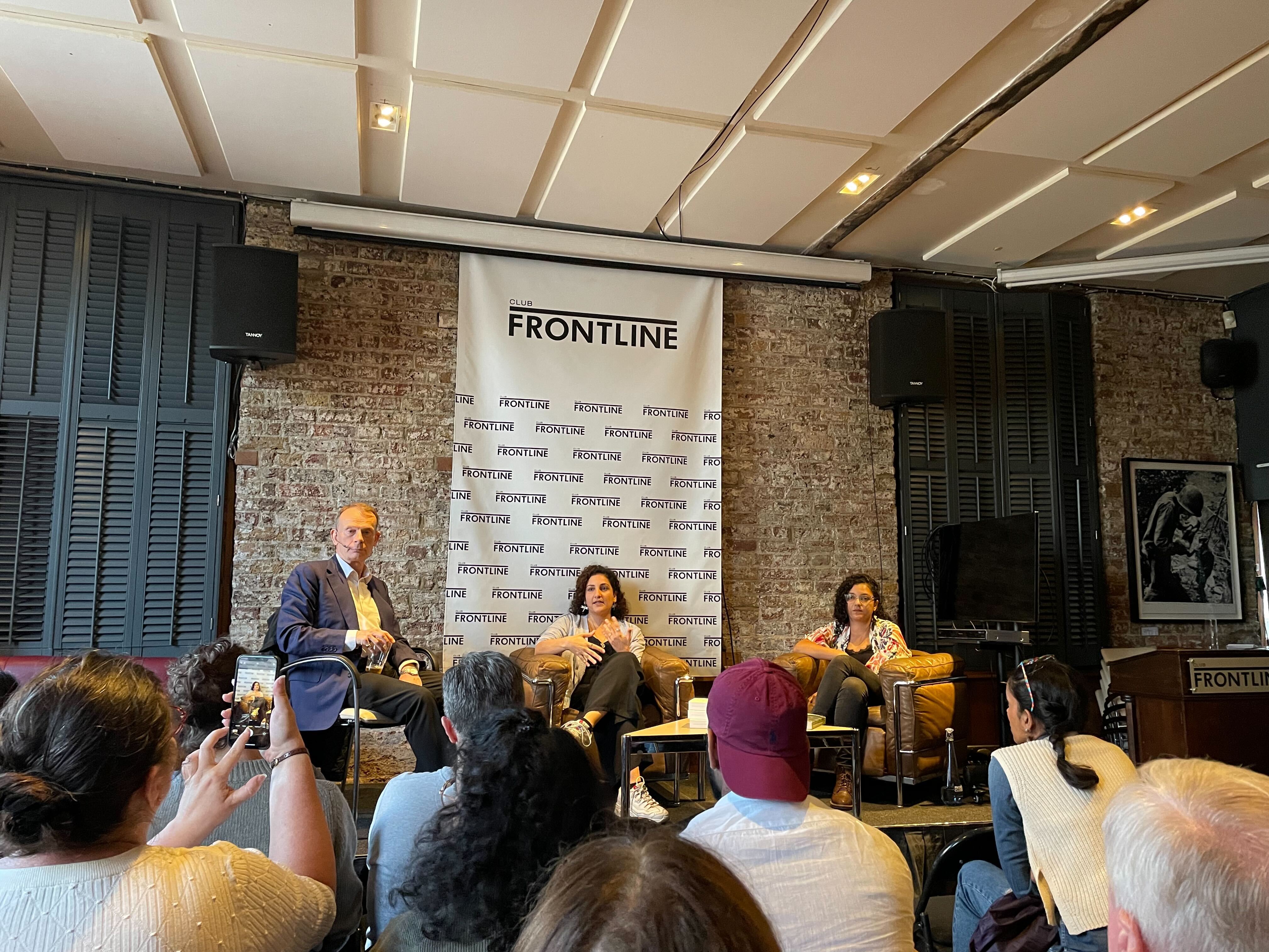 Mona and Sanaa Seif speaking at the Frontline Club in London, moderated by journalist Andrew Marr (MEE/Mohammed Saleh)