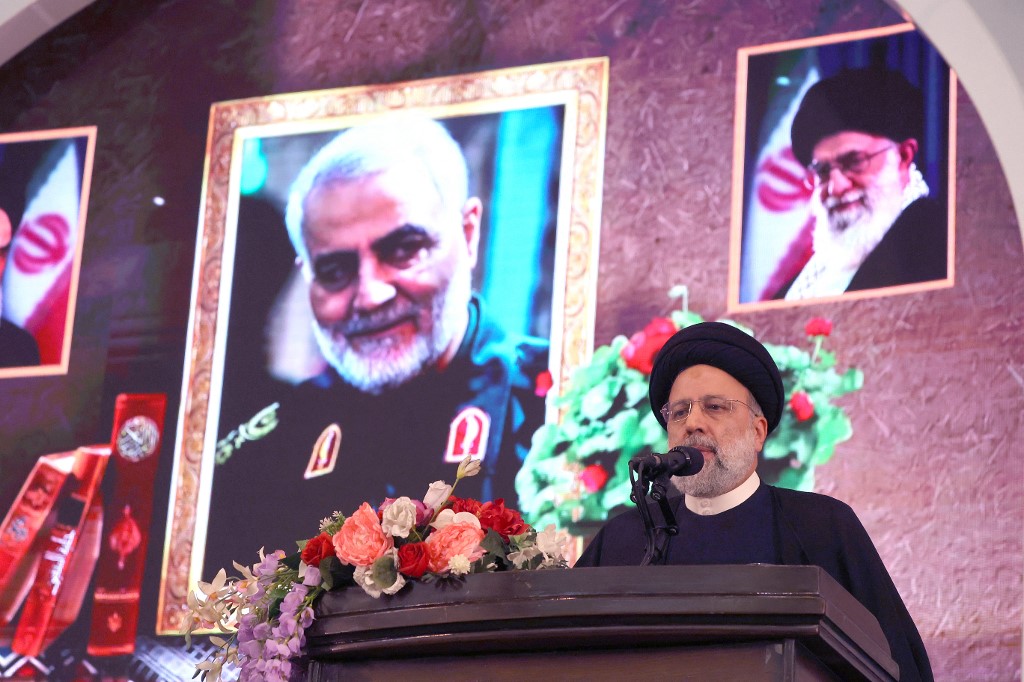 Iranian President Ebrahim Raisi during a ceremony in Tehran on 3 January 2023, marking the third anniversary of the US killing of Qassem Soleimani (AFP)