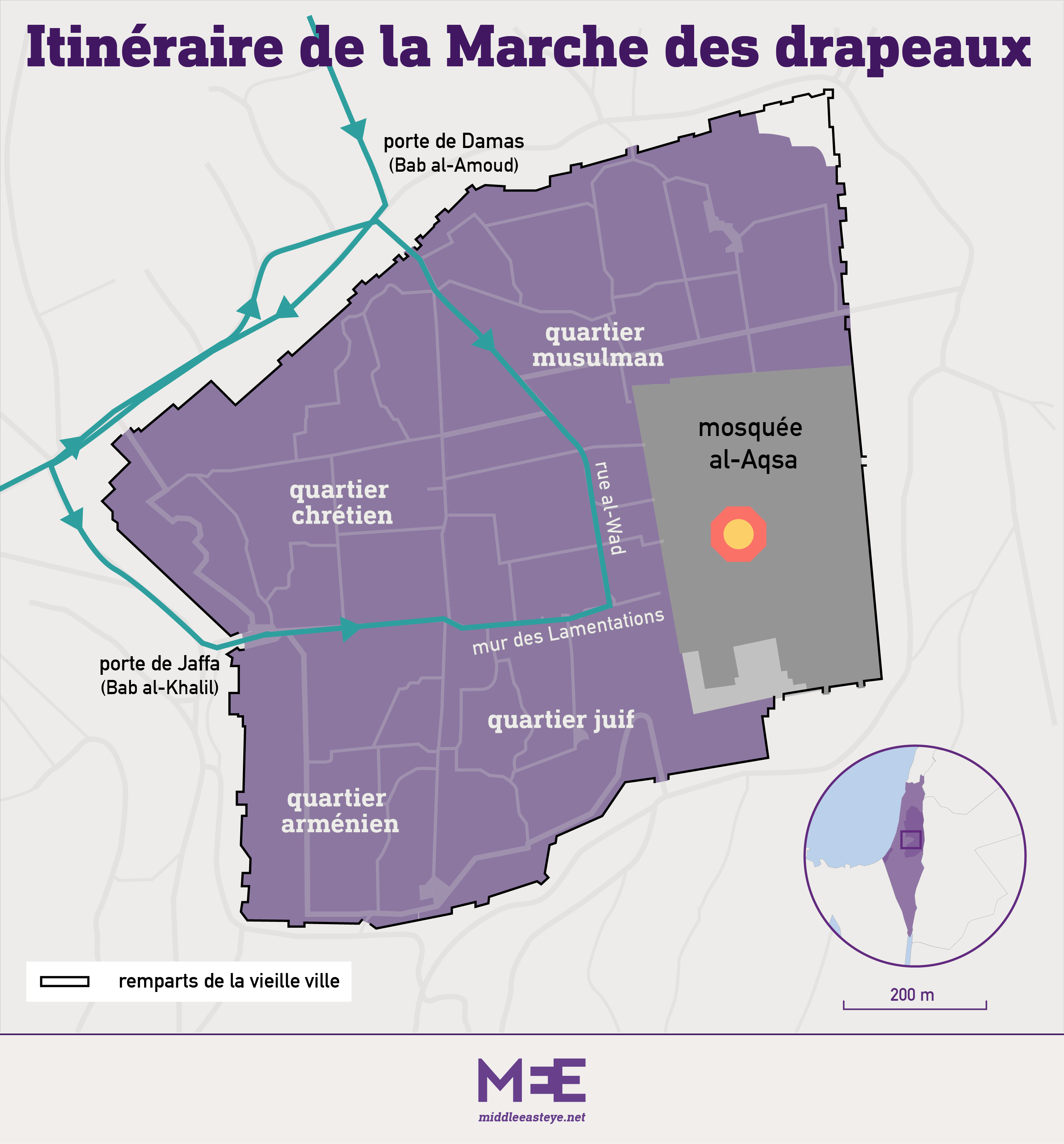 carte itinéraire Marche des drapeaux Jérusalem occupée