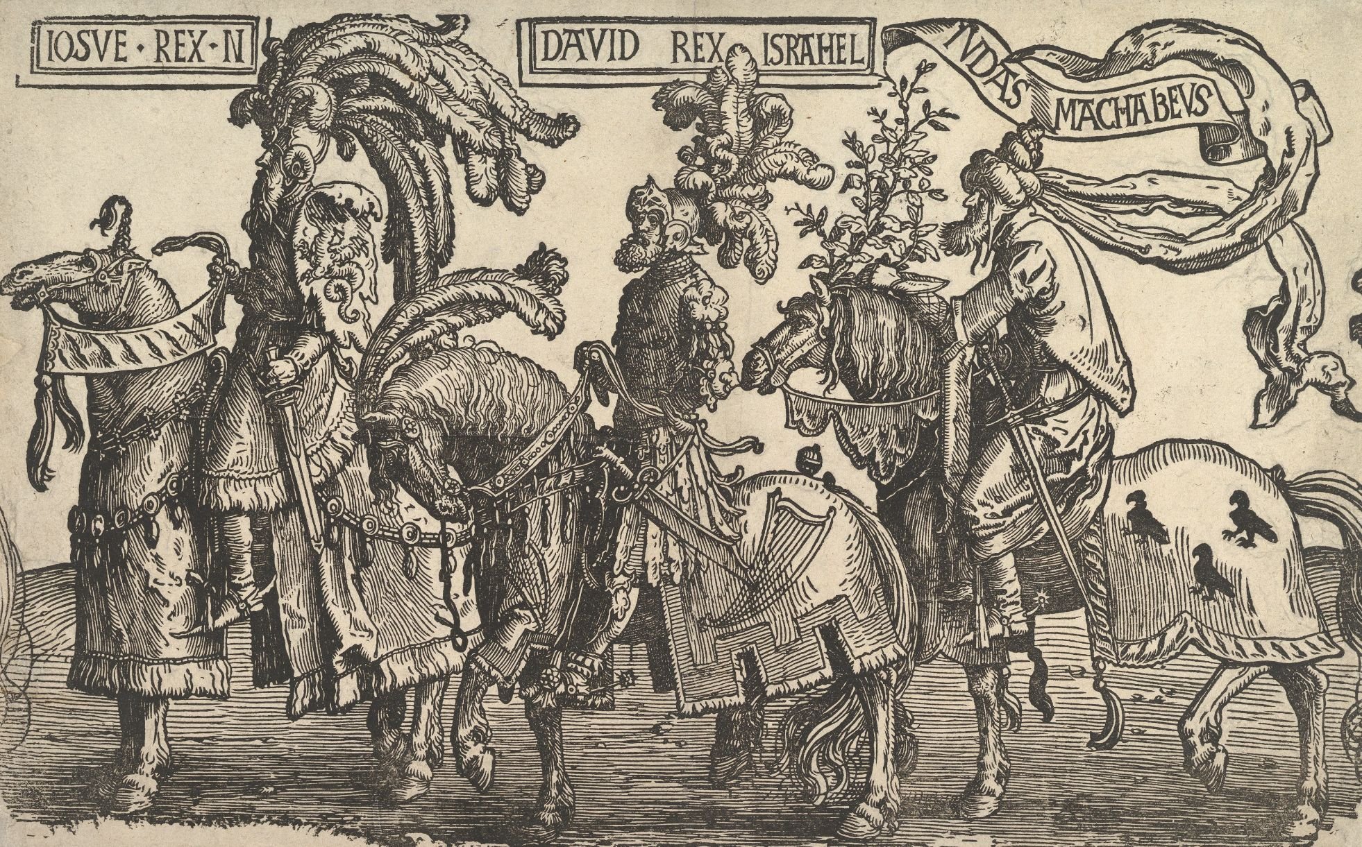 Joshua, David et Judas Maccabée des « Neuf héros », gravure sur bois de Lucas Van Leyden créée vers 1520 et aujourd’hui exposée au Metropolitan Museum of Art à New York (Creative Commons/The Metropolitan Museum of Art)