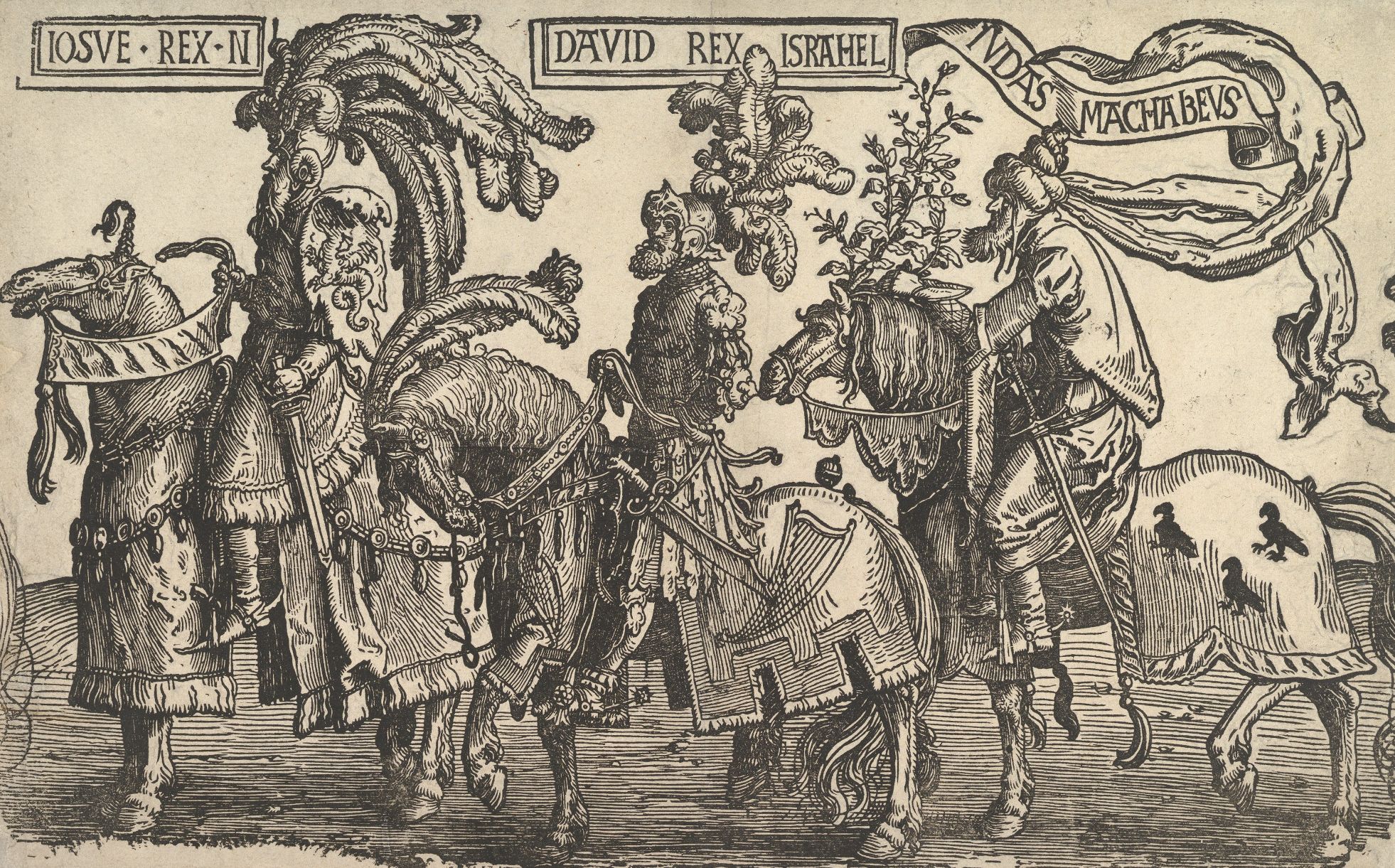 Joshua, David, and Judas Maccabee, from The Nine Heroes is a wood cutting by Lucas van Leyden created around1520 and now on display at The Metropolitan Museum of Art in New York (Creative Commons/The Metropolitan Museum of Art)