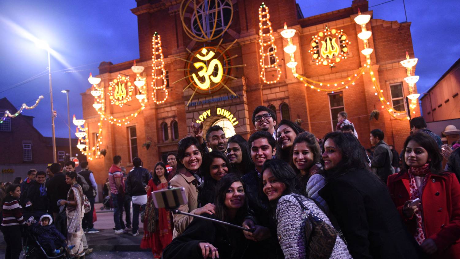 Diwali decorations on Leicester's Golden Mile, mark the largest celebration of the Hindu festival of lights outside India (AFP/Oli Scarff)