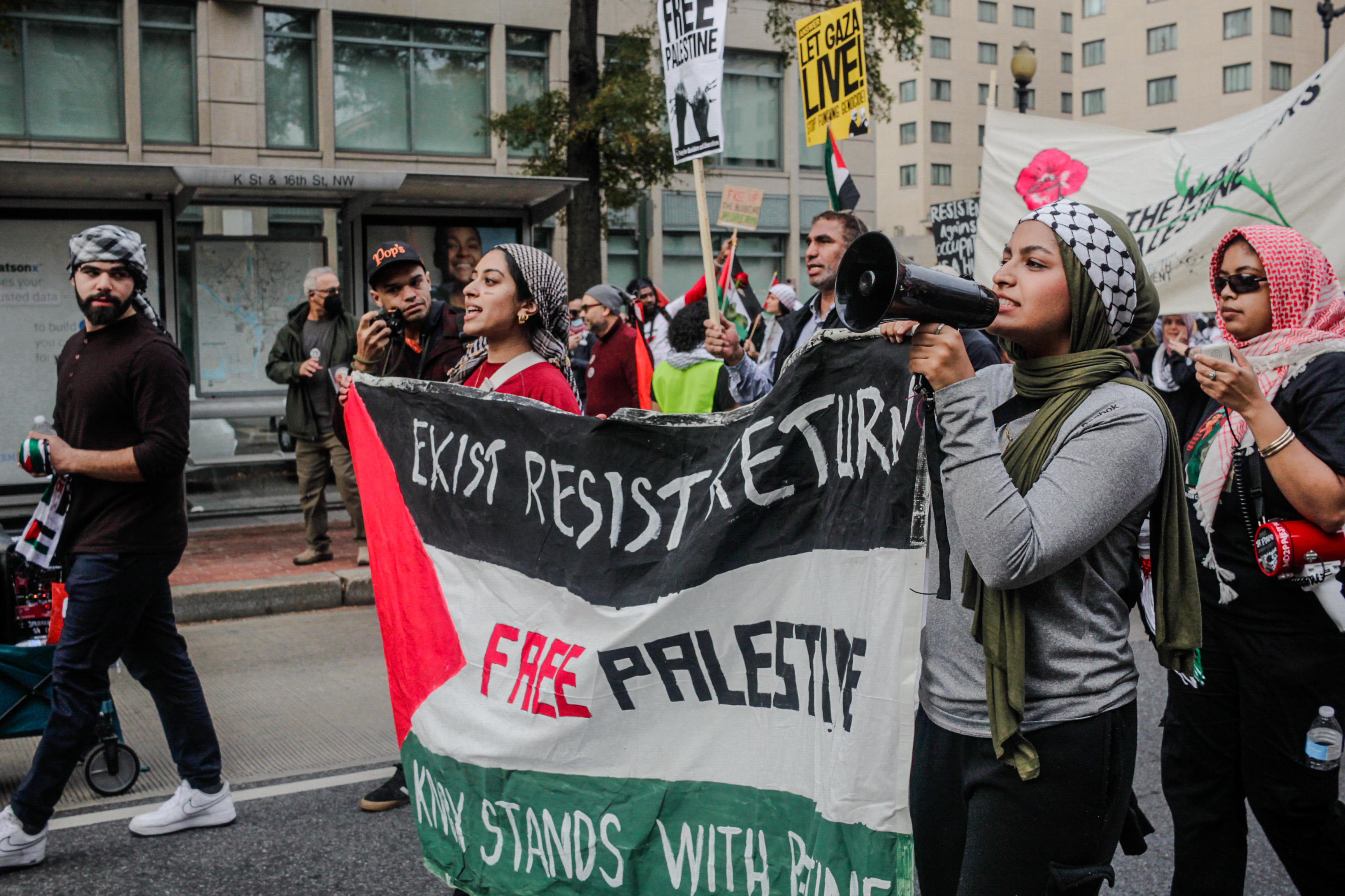 Snapshot of protesters chanting during the 