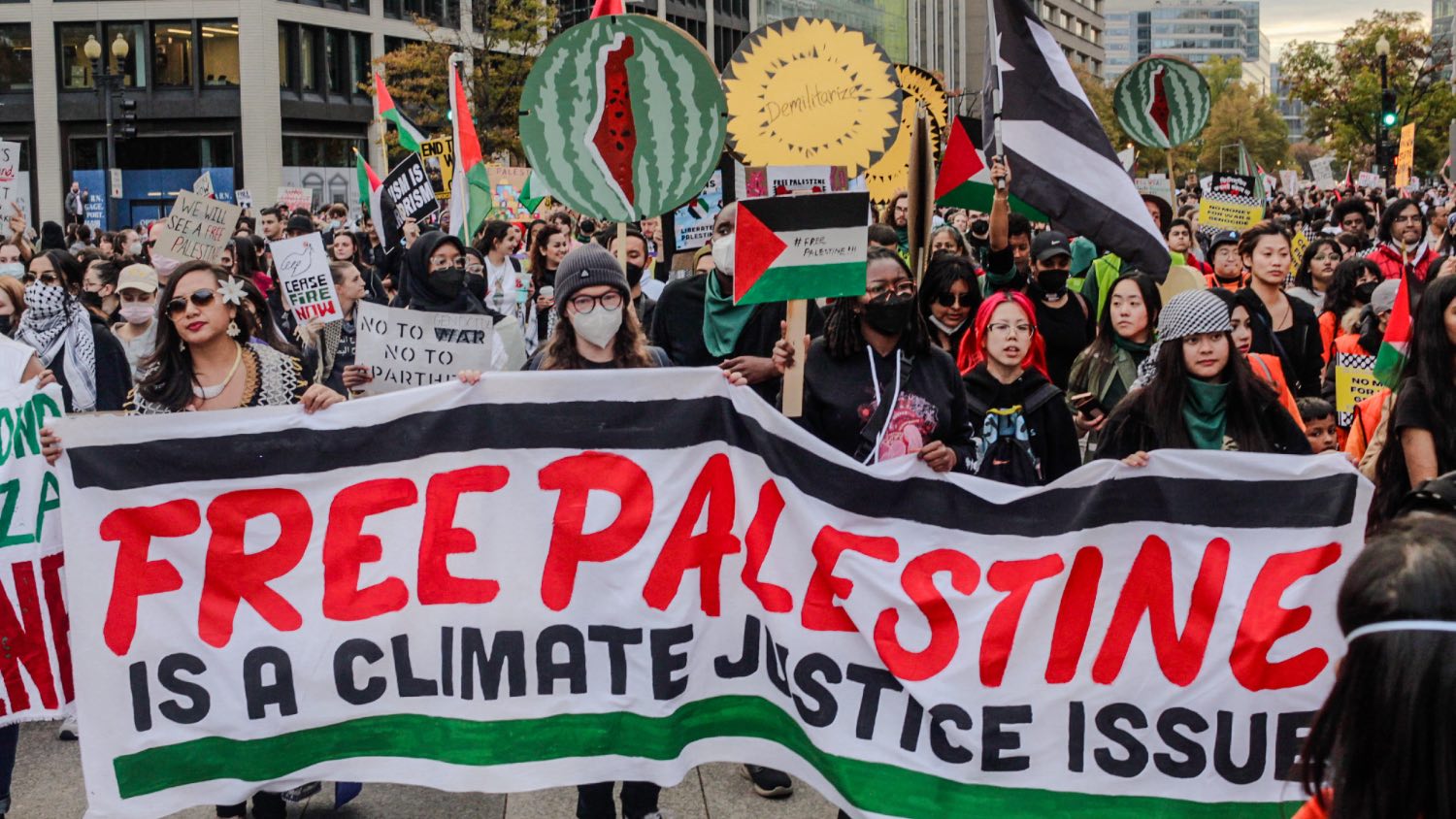 Snapshot of protestors marching to the White House in Washington on 4 November during the national march for Palestine.