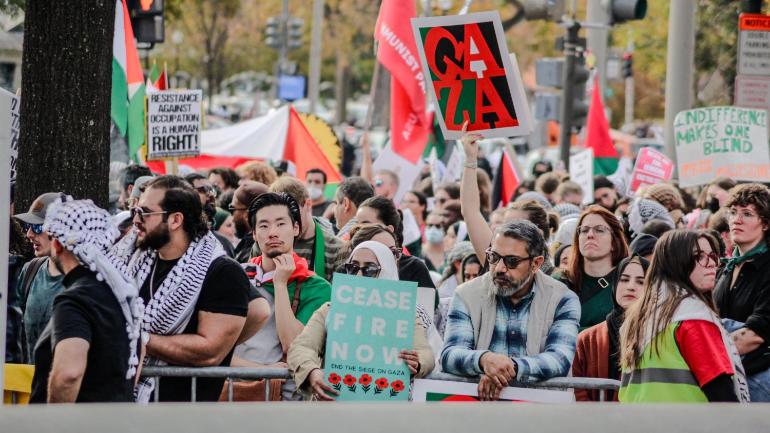 Snapshot of a crowd holding signs at Freedom Plaza in Washington on 4 November during the 