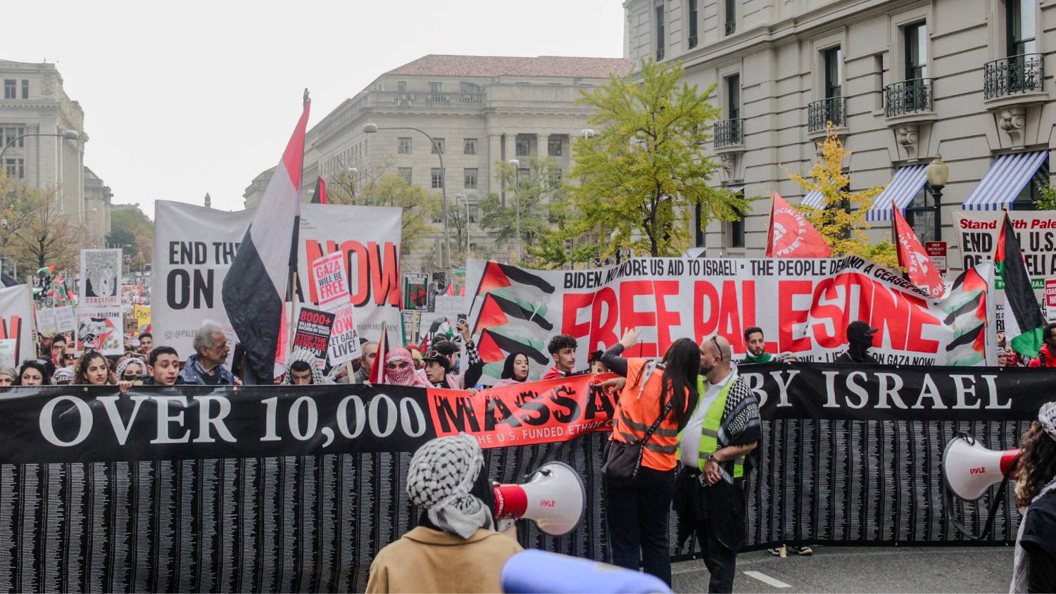Protestors prepare to march from Freedom Plaza in Washington on 4 November in support of Palestine.