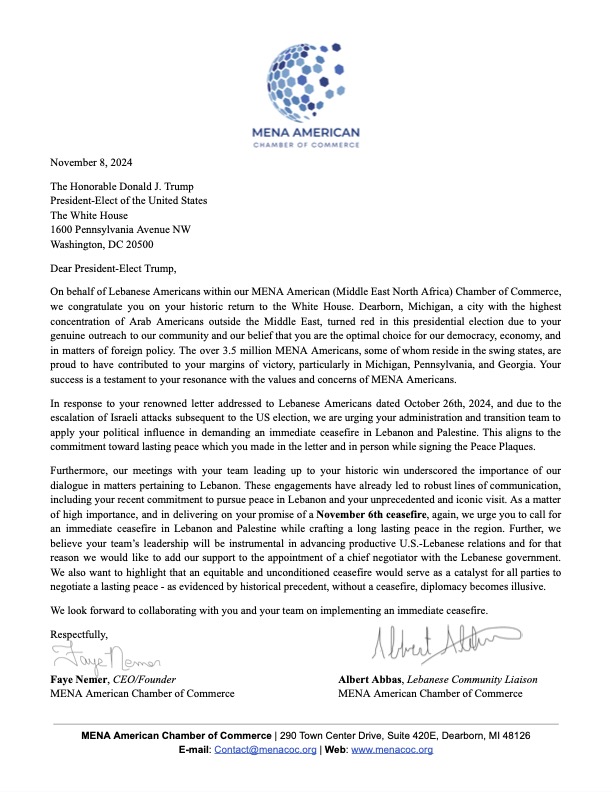 The MENA American Chamber of Commerce, based in Dearborn, Michigan, calls for an immediate ceasefire in Gaza and Lebanon in an open letter addressed to President-elect Donald Trump. 11 November, 2024. (supplied)
