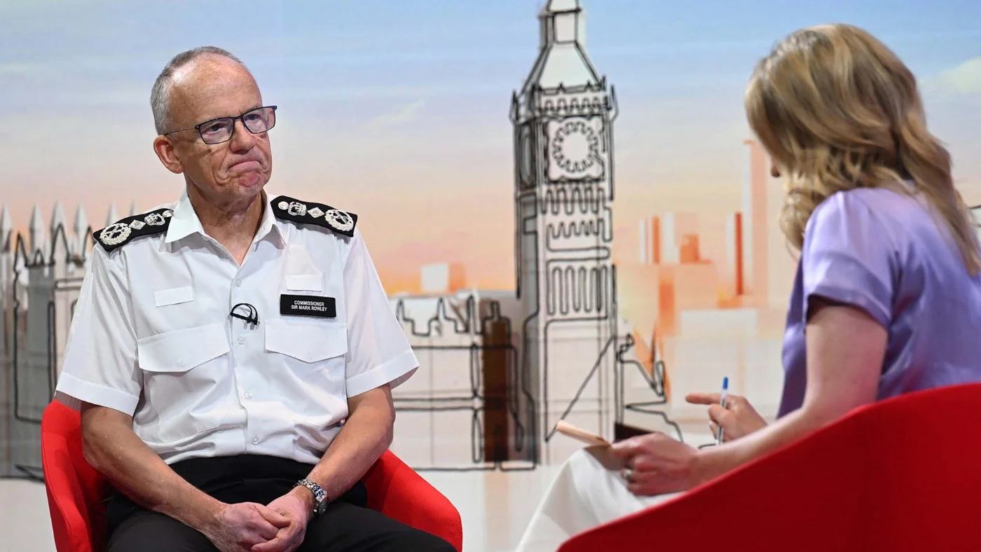 A handout picture released by the BBC, taken and received on 6 July 2025, shows Metropolitan Police Commissioner Mark Rowley speaking to Laura Kuenssberg (Jeff Overs/BBC/AFP)
