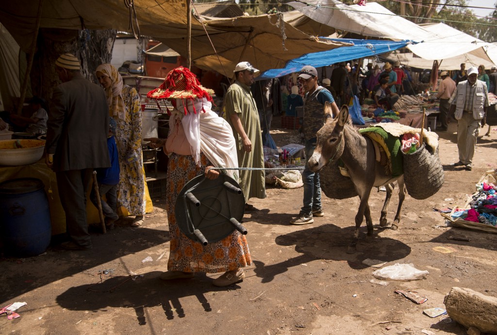 A Moroccan woman pulls a donkey as she walks in a souk in the region of Shool near the city of Sale in August 2017 (Fadel Senna/AFP)