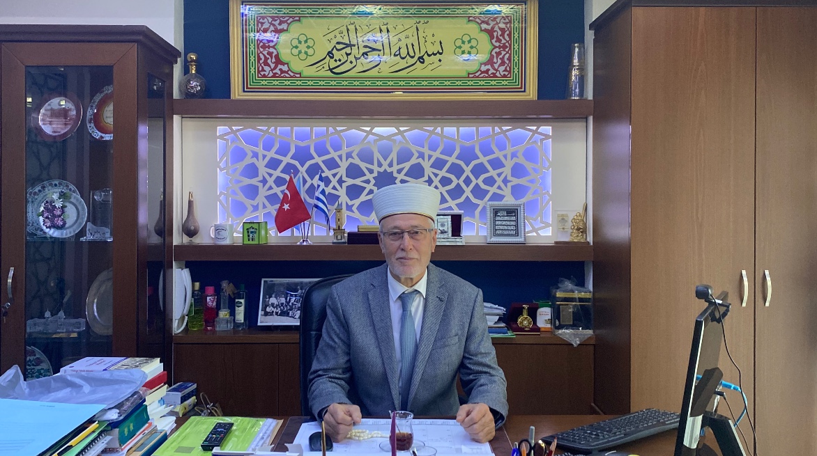 Ibrahim Serif, Komotini's elected mufti who is not recognised by the Greek state, at his office, 15 November 2022 (MEE/Sean Mathews)