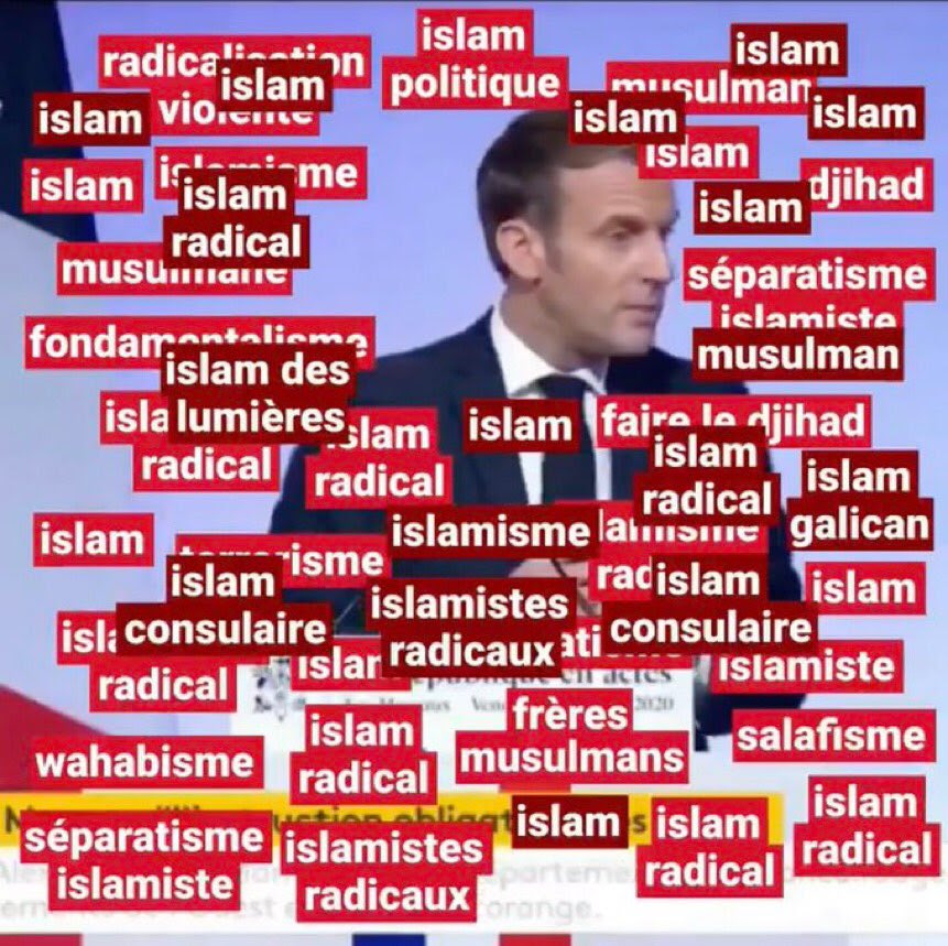 Capture d’écran de l’émission «&nbsp;Quotidien&nbsp;» pointant les nombreuses occurrences de termes en rapport avec l’islam dans un récent discours du président Macron