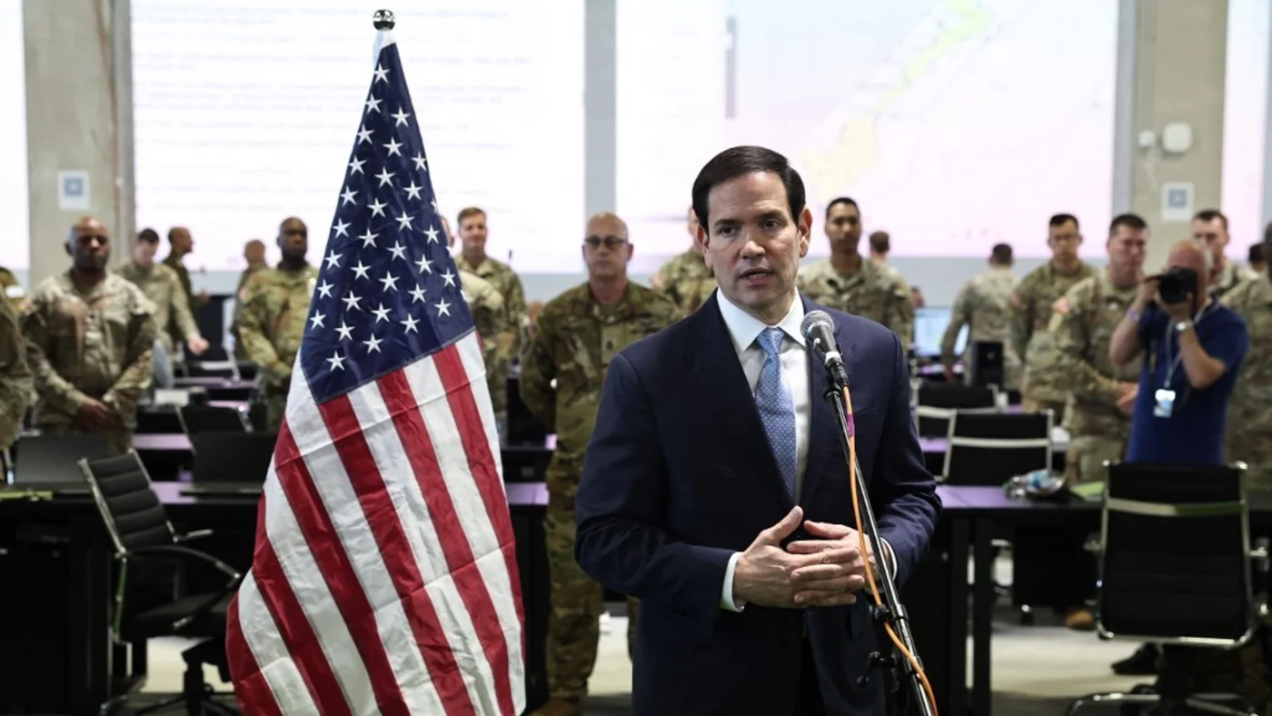 US Secretary of State Marco Rubio speaks to the media after visiting the US Civil-Military Coordination Center in southern Israel on 24 October 2025 (Fadel Senna/AFP)