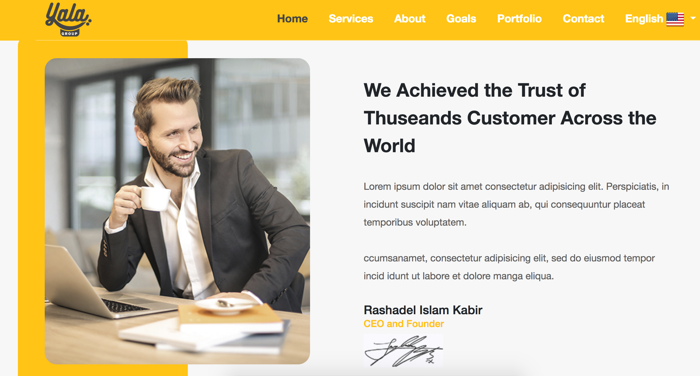 Yala Group's website mostly consists of dummy text, stock images, and murky marketing jargon (Screenshot)
