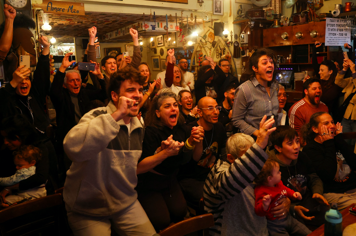 Families and supporters in Tel Aviv react as they celebrate the release of Ohad Ben Ami as part of a ceasefire deal between Hamas and Israel on February 8, 2025. (Ronen Zvulun/Reuters)
