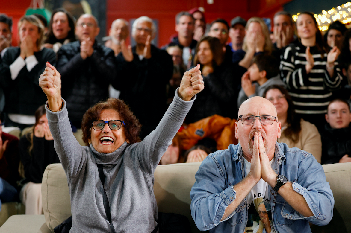 Families and supporters in Tel Aviv react as they celebrate the release of Ohad Ben Ami as part of a ceasefire deal between Hamas and Israel on February 8, 2025. (Ronen Zvulun/Reuters)