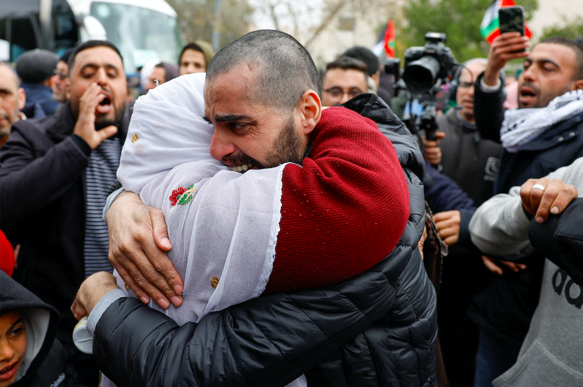 A freed Palestinian prisoner is greeted in Ramallah after being released from an Israeli jail as part of a ceasefire deal in Gaza. (Reuters/Mohammed Torokman)