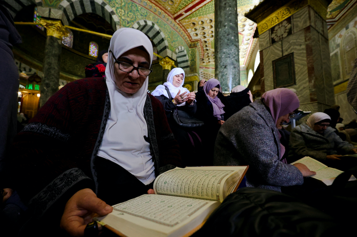 Palestinian Muslims pray at the Al-Aqsa mosque compound in Jerusalem's Old City during the first Ramadan Friday prayer, on March 7, 2025. (Reuters)