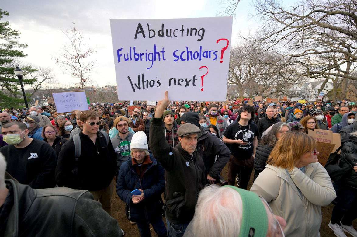 Demonstrators take part in the Stand with Rumeysa Ozturk,Tufts PHD Student emergency rally, at Powder House Square Park, after Ozturk was taken into custody by federal agents, in Somerville, Massachusetts, US 26 March, 2025. (REUTERS/Faith Ninivaggi)