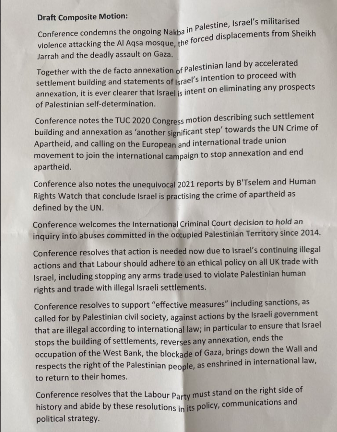 labour Palestine motion
