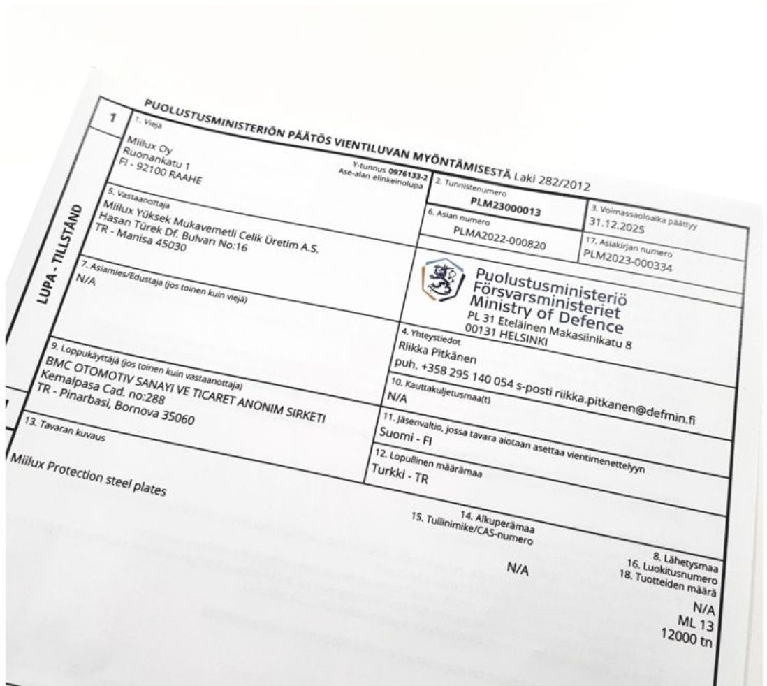 The export permit granted for the export of 12,000 tonnes of protective steel (social media)