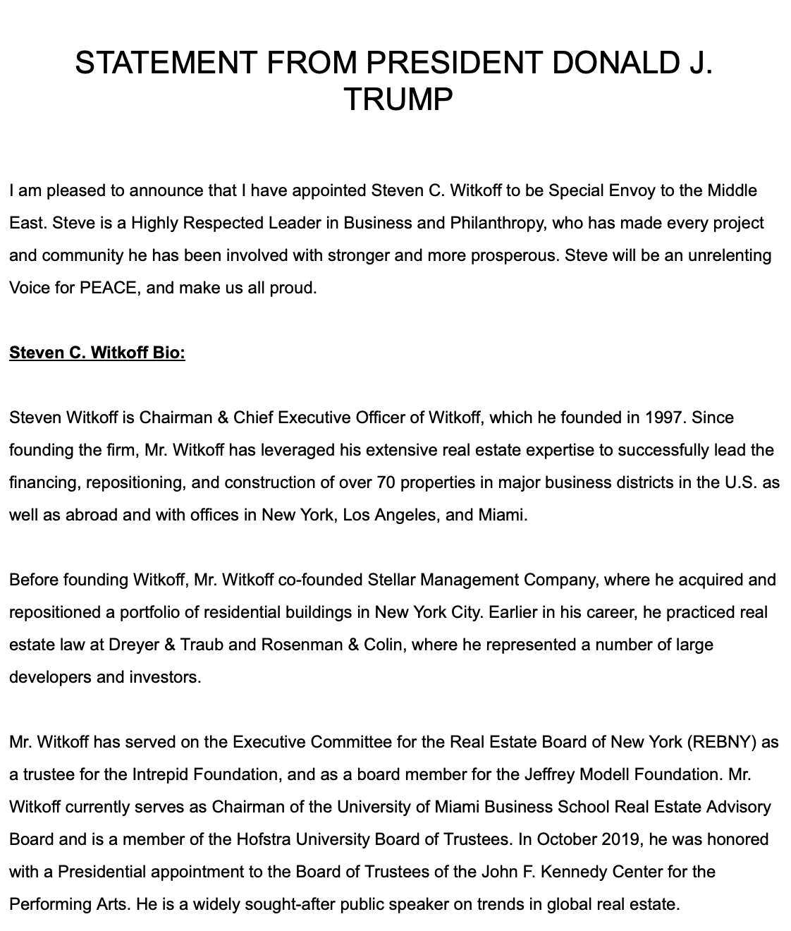 US President-elect Donald Trump announces Steven Witcoff as his pick for Special Envoy to the Middle East