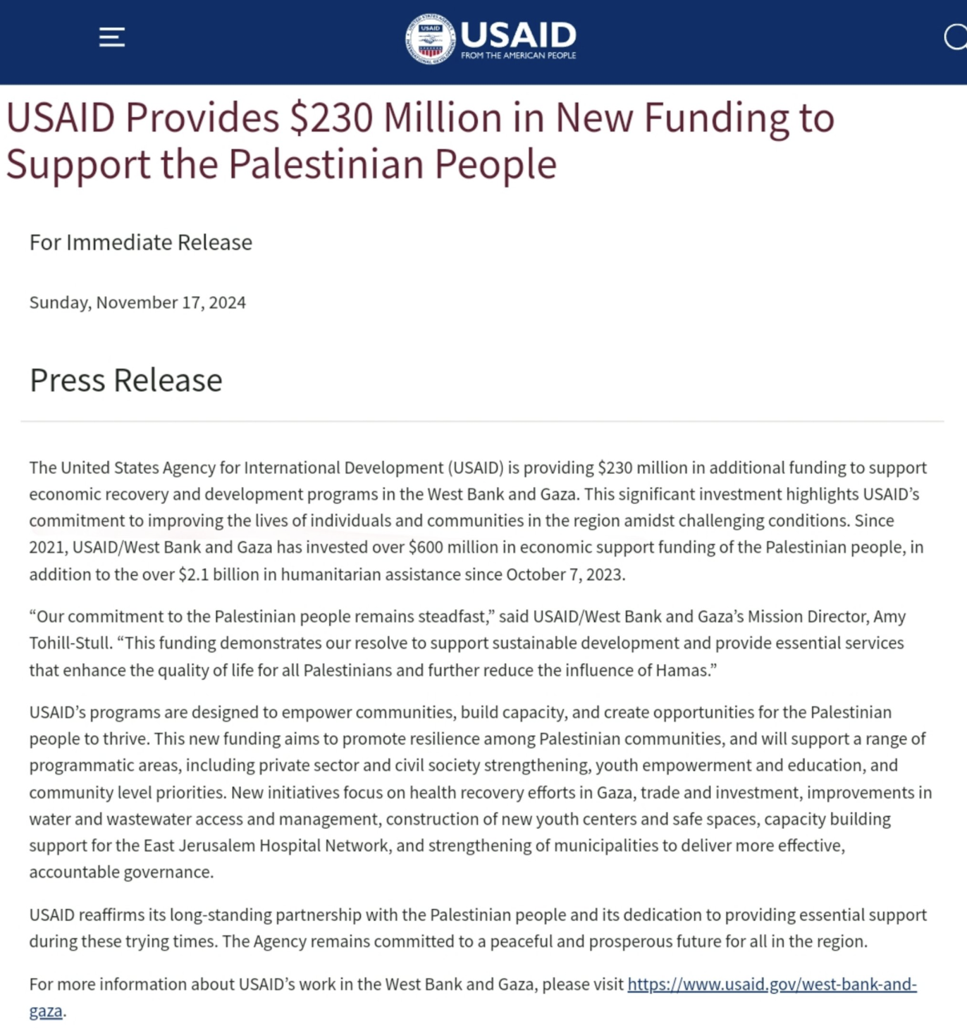 The US Agency for International Development (USAID) announces the provision of $230 million for 