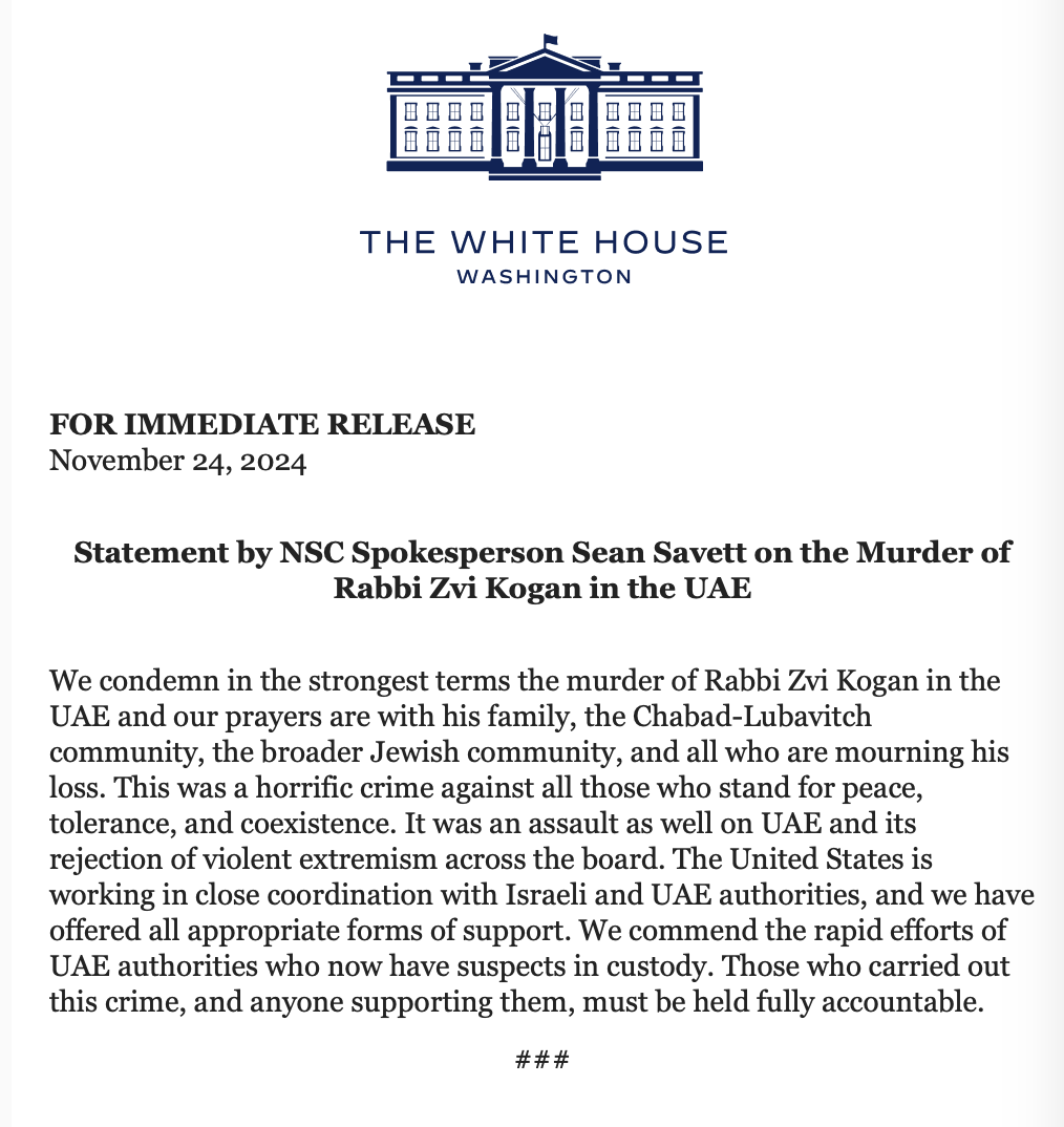 A White House statement condemns the murder of an Israeli rabbi in the UAE, 24 November, 2024.