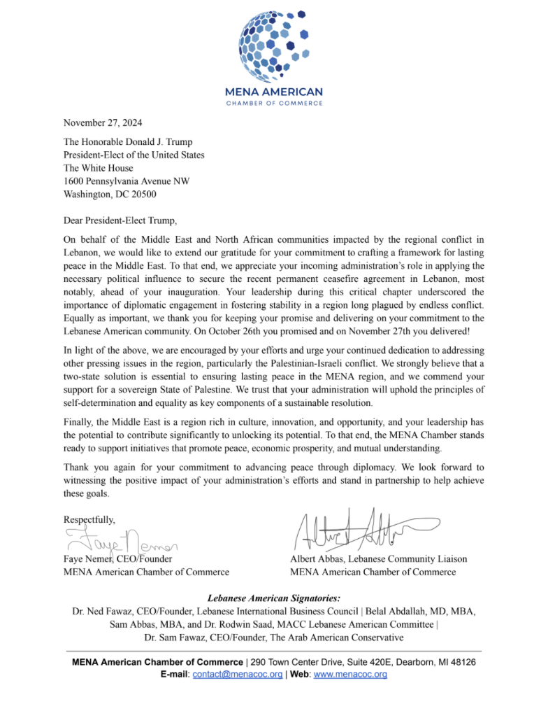 A letter from Lebanese-Americans who backed Donald Trump in Dearborn, Michigan thanks him for securing a ceasefire in Lebanon, despite no definitively known role for the incoming administration in the negotiations. 27 November, 2024.