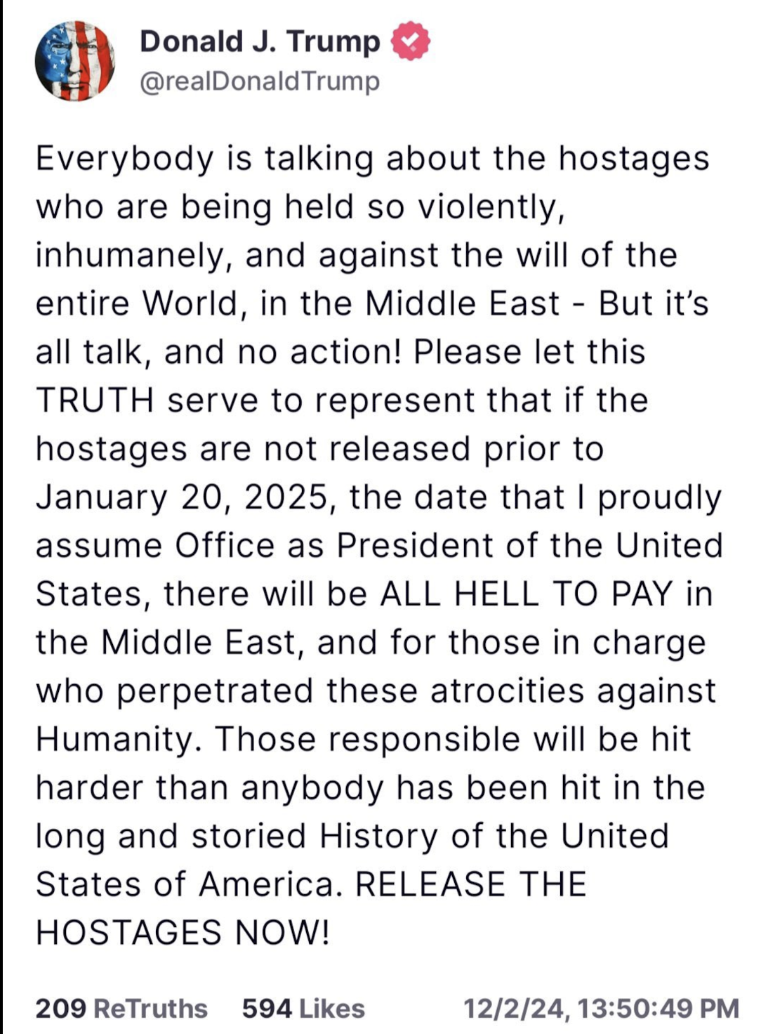 US President-elect Donald Trump threatens Hamas with 'hell to pay' if Israeli hostages are not released by 20 January (TruthSocial post)