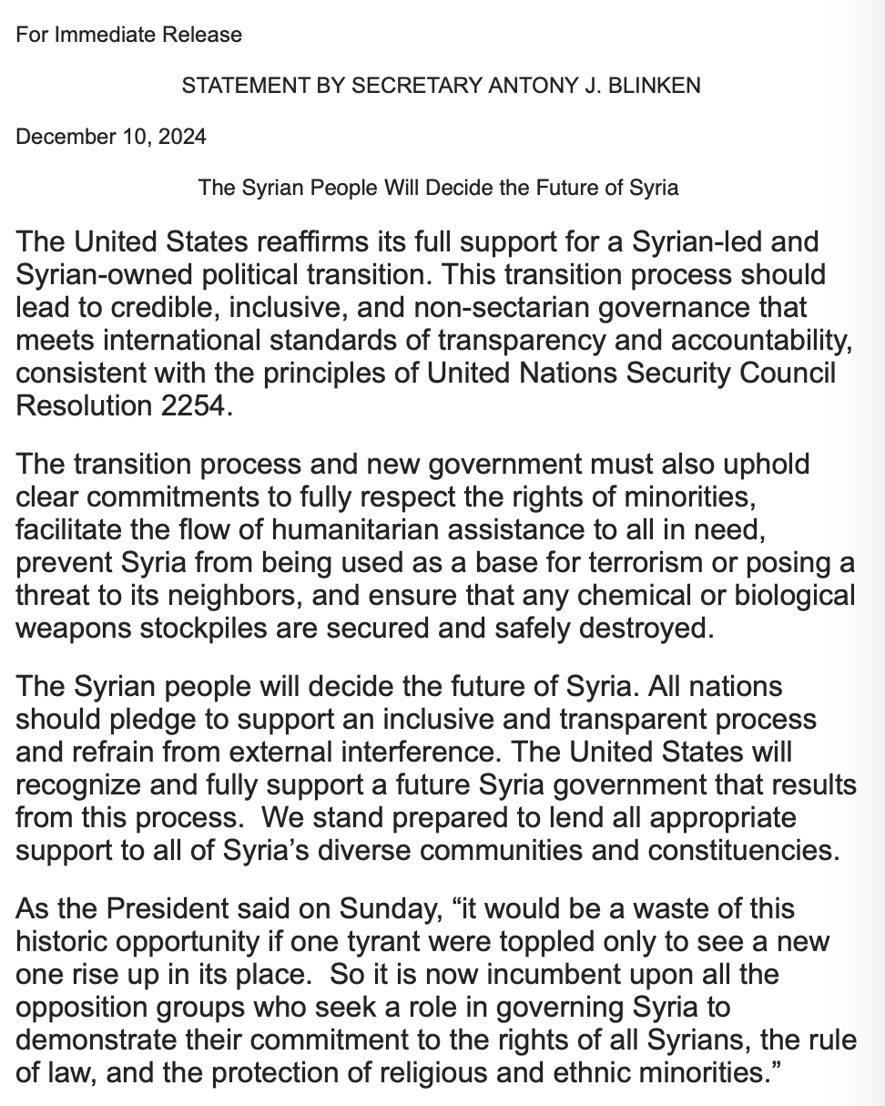 US Secretary of State Antony Blinken issues a statement supporting a Syrian transitional government free of external interference and terrorism, on 10 December 2024.