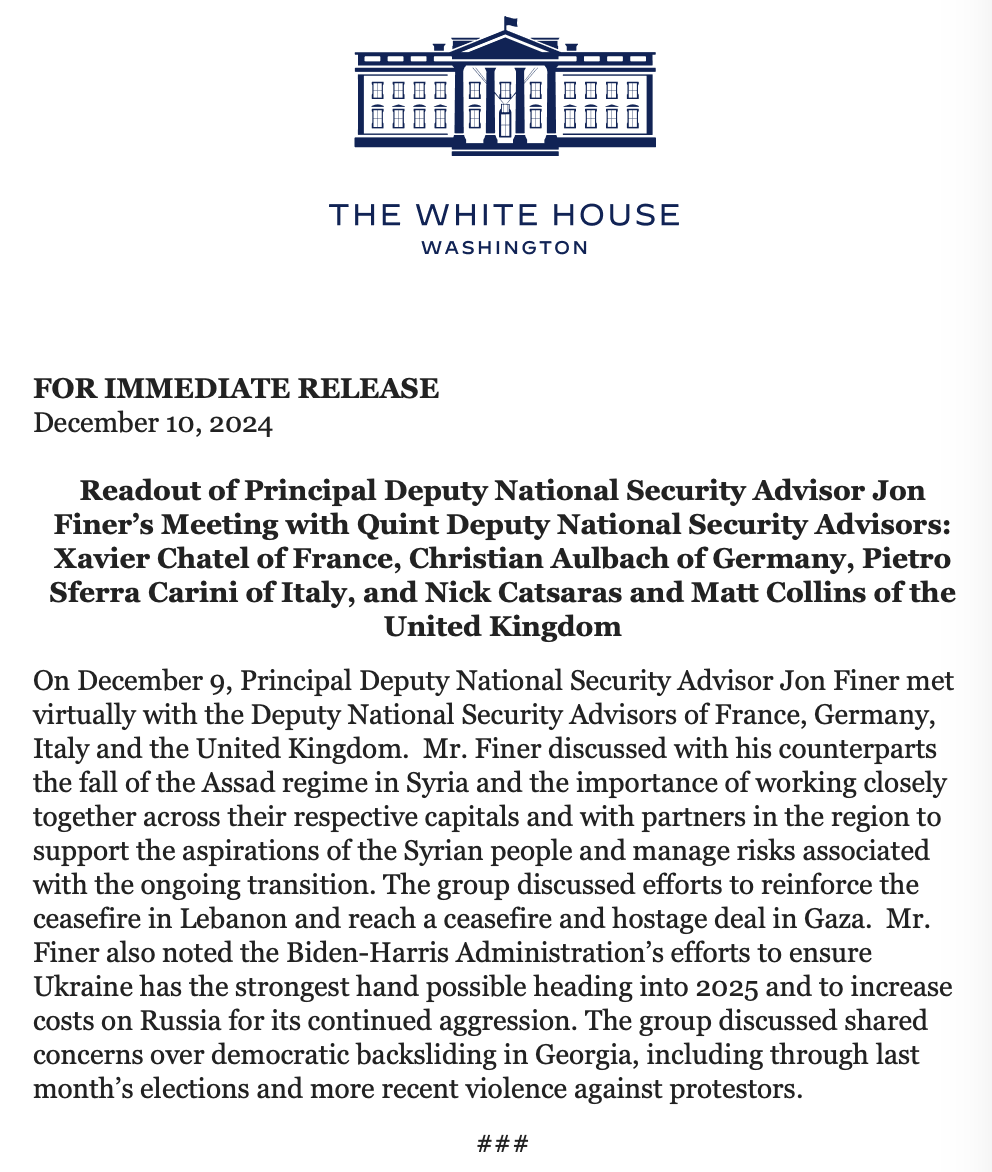 A readout from the White House says US and European national security teams met to discuss Syria and other regional conflicts, and pledged to work closely together on managing them, on 10 December, 2024.