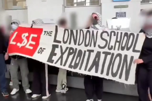 Students from the LSE holding a protest on July 7 against the university's investments with Israel (Screengrab)