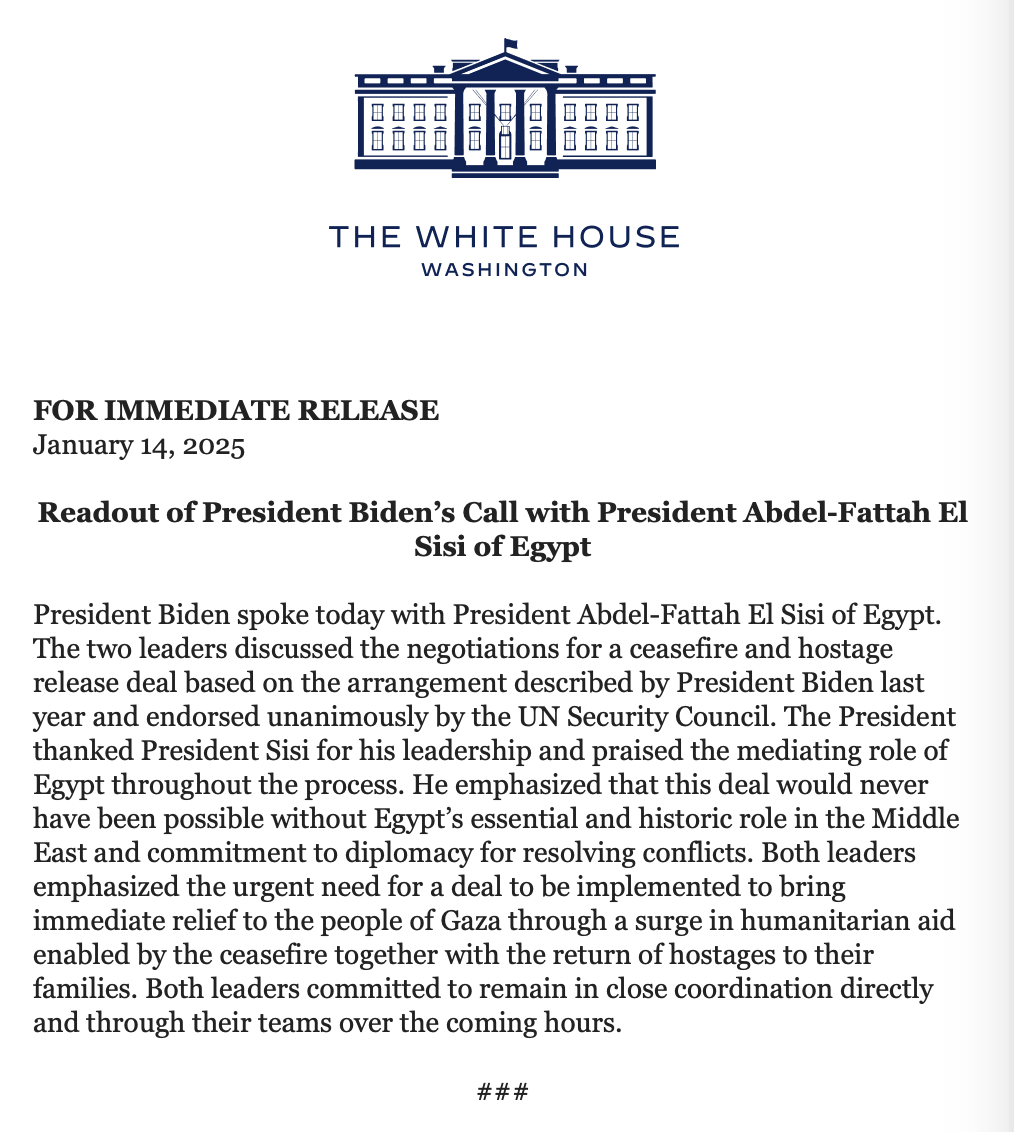 Screenshot of White House readout of call between Biden and Sisi on 14 January, 2025.