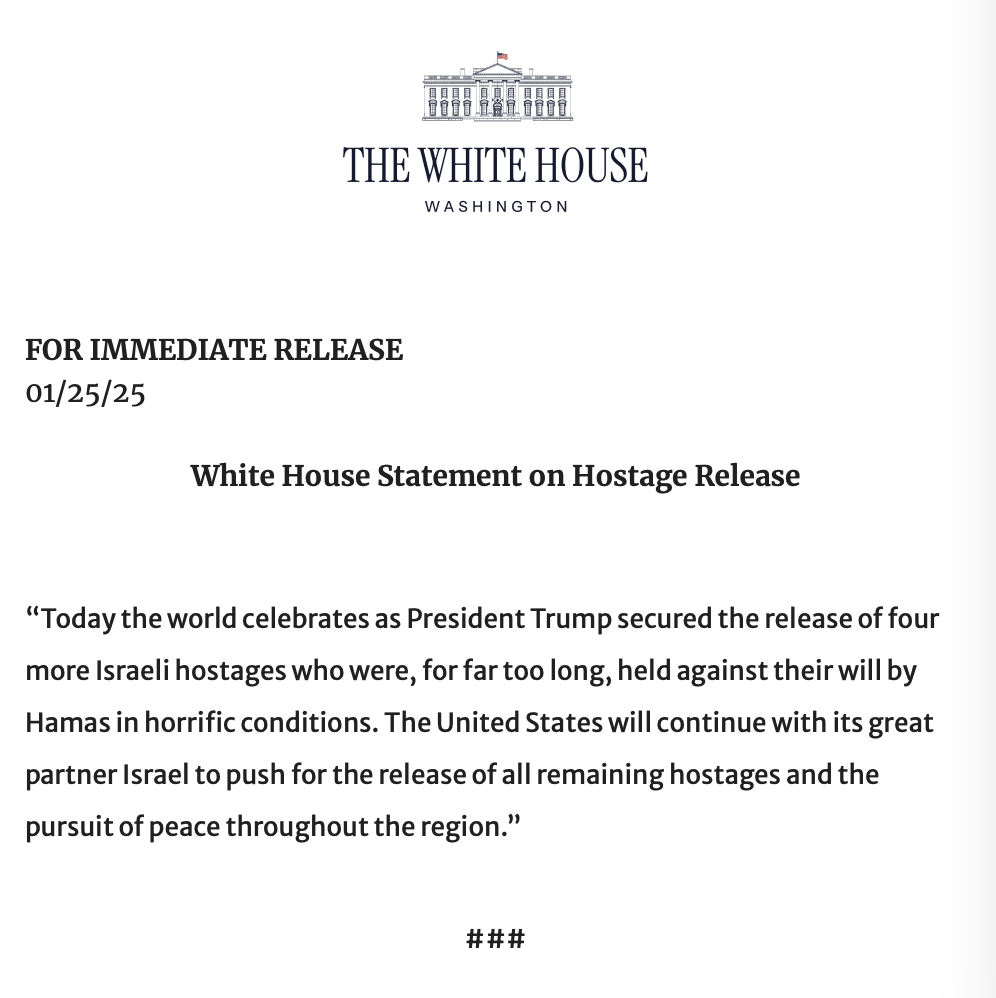 White House statement shows Donald Trump taking credit for the release of the four Israeli soldiers from Gaza on Saturday