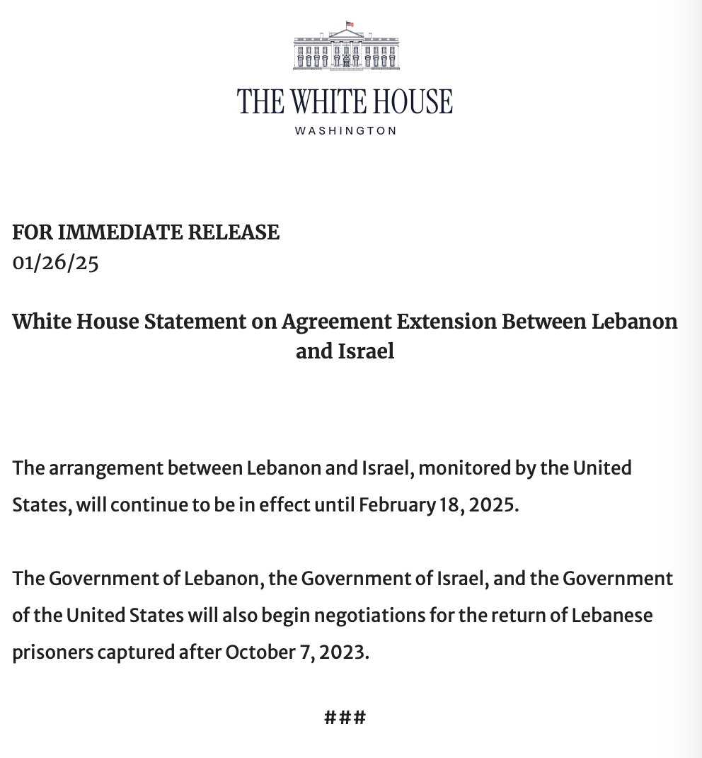 White House statement on extending the Lebanon-Israel ceasefire until 18 February, 2025.