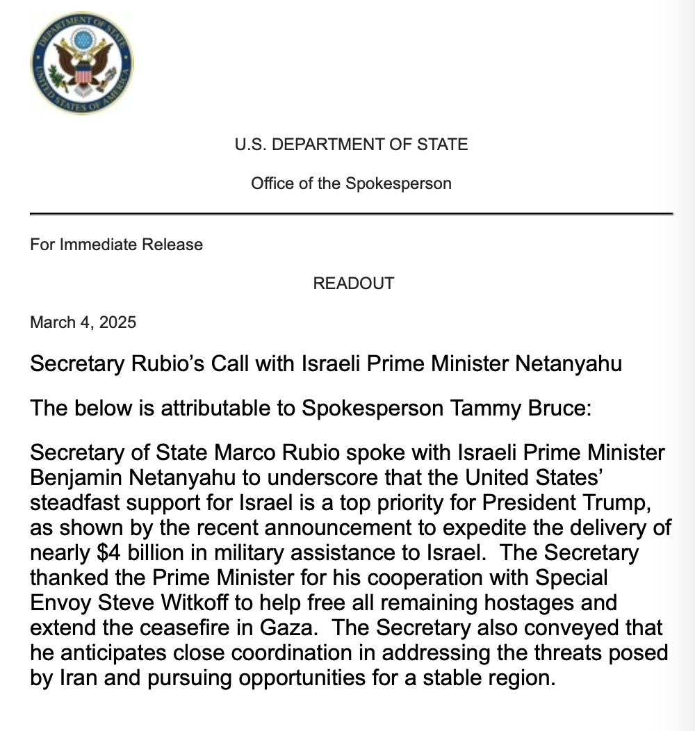 Readout of the call between Marco Rubio and Benjamin Netanyahu on 4 March, 2025.