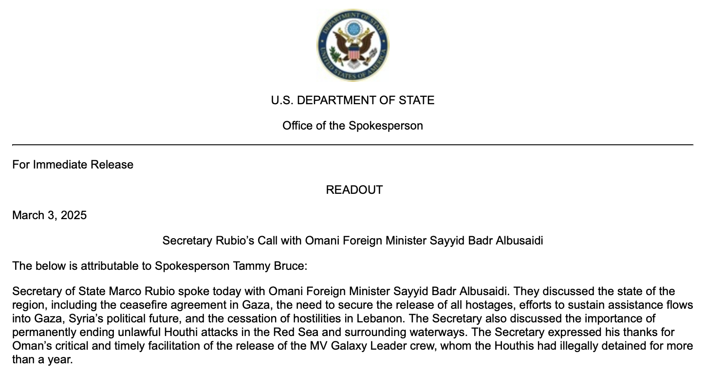 Readout of the call between the US Secretary of State and his Omani counterpart on 3 March, 2025.