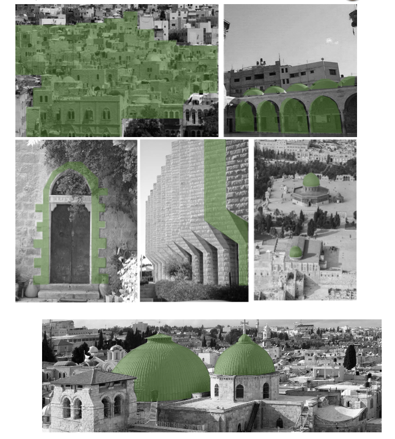 A selection of Palestinian architectural landmarks and designs the Egypt plan says it seeks to draw from (handout) 