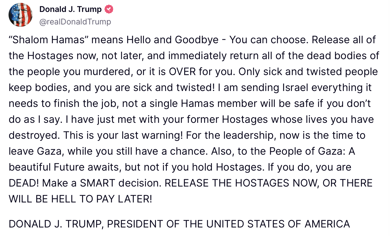 Donald Trump issues death threats to Hamas as well as Gaza residents on his TruthSocial account, on 5 March, 2025.