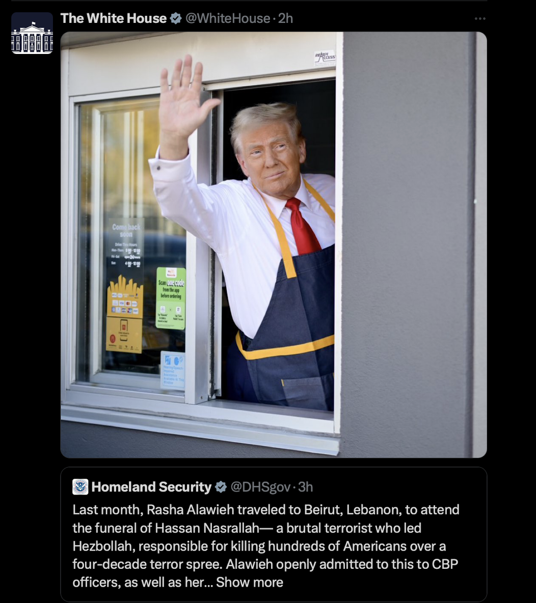 The White House posts an image of a waving Donald Trump from a drive-thru window in response to the deportation announcement of Dr. Rasha Alawieh from the US. 