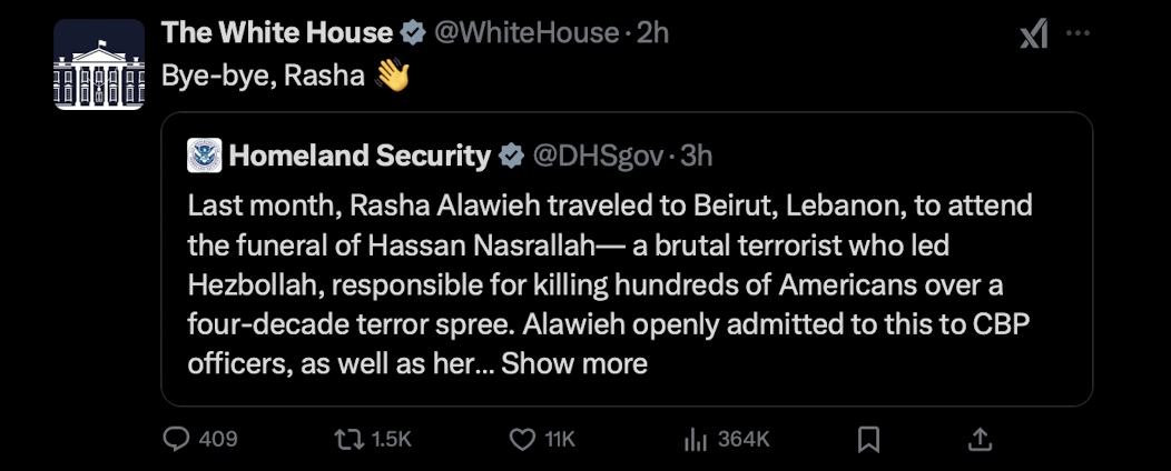 The White House posts 'Bye-bye Rasha' on X after the announcement that Dr. Rasha Alawieh was deported from the US.